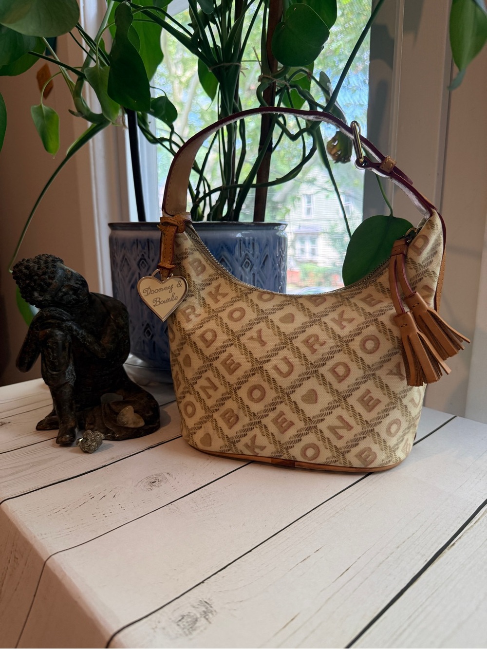 Dooney & Bourke | Vintage Y2K Cream Crossword Logo Mini Hobo Bag